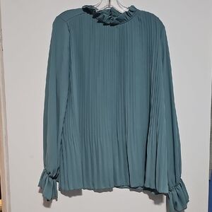 SHEIN Olive Pleated Blouse with Ruffle Accents Long Sleeve Lined Sz Large Fall